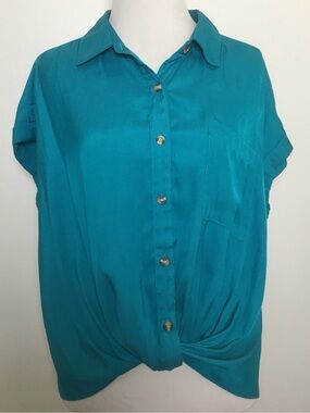 Rose + Olive | Teal Button-Front Short Sleeve Top w/ Twist Knot Detail